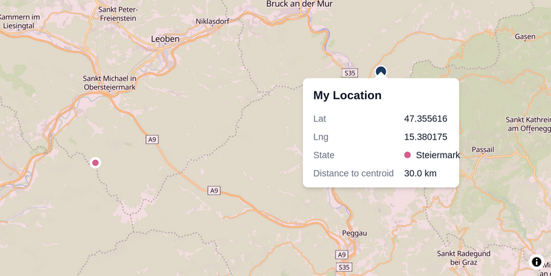 Location popup showing distance to centroid