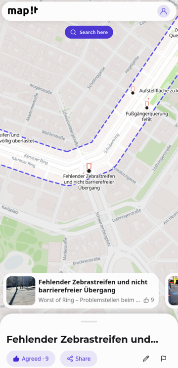 map-it individual entry detail view on mobile with map pin, photo, and agree votes