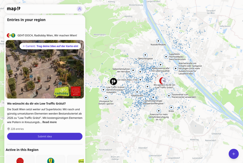 map-it feed page at desktop resolution showing a sidebar with mapping calls and a map of Vienna with hundreds of idea pins