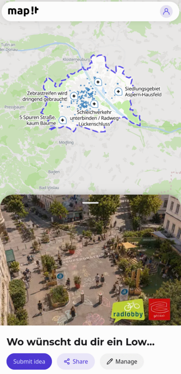 map-it mapping call on mobile showing idea pins across Vienna and the project hero image