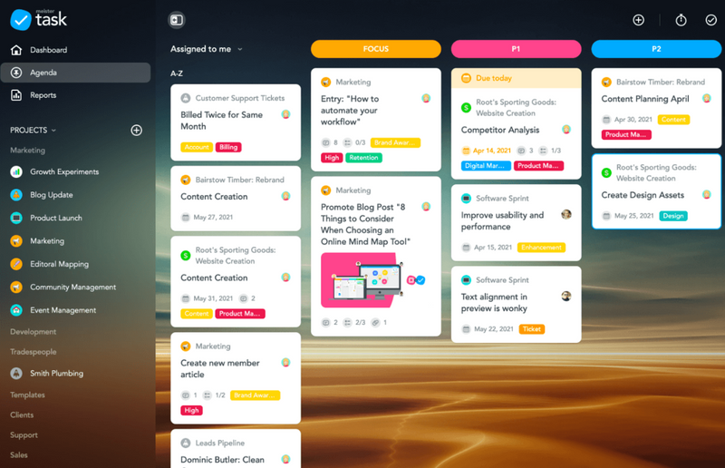 MeisterTask Agenda view showing a kanban-style board with task cards sorted by priority