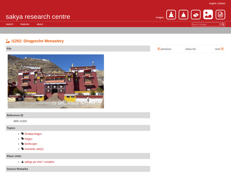 Sakya Research Centre image detail page showing a photograph of Dingpoche Monastery with metadata, topics, and place references